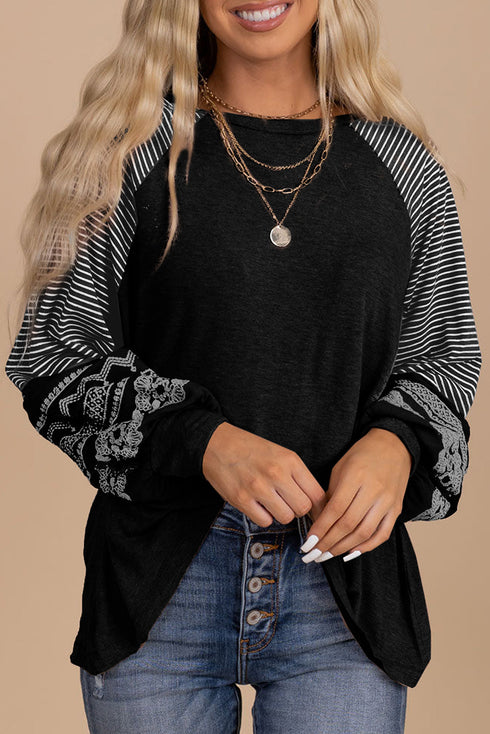 Contrast Print Striped Raglan Crew Neck Loose Long Sleeve Top